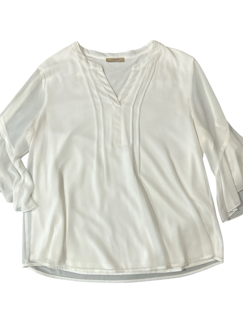 Timeson Women's White Split-Neck Pintuck Blouse Sz L